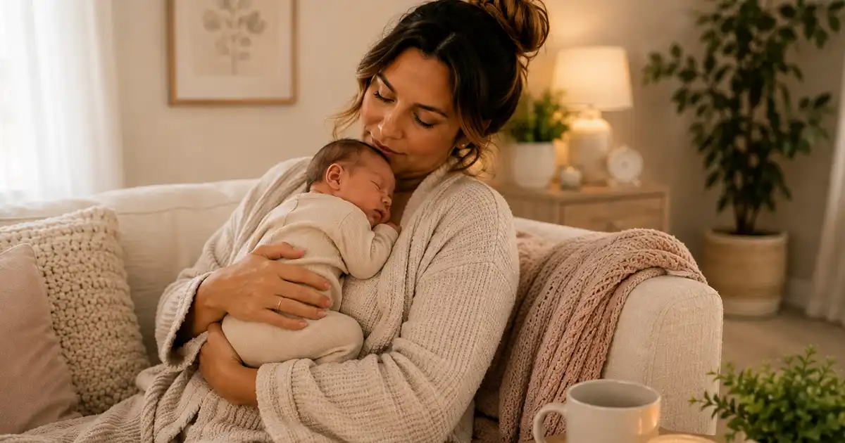 A parent resting in bed with a newborn beside them