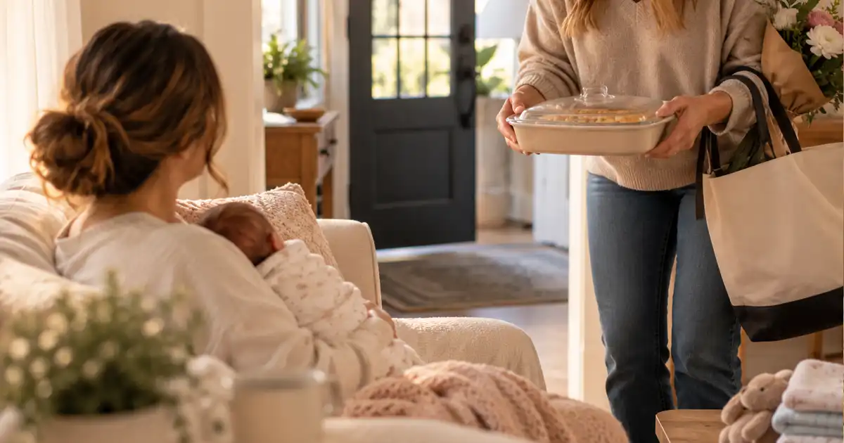 A parent resting on a sofa while someone else tidies the kitchen behind them
