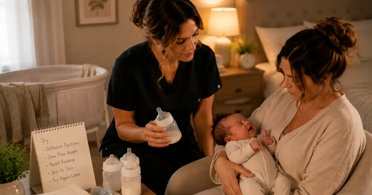 A bottle and a newborn on a parent's lap