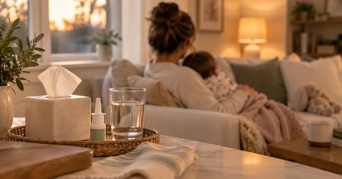 A parent using saline spray with a congested child
