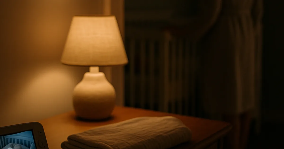 A dim nursery at night with a crib and a video monitor on the dresser