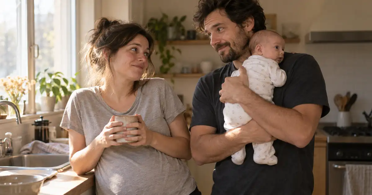 Two exhausted parents in the kitchen early in the morning with their baby