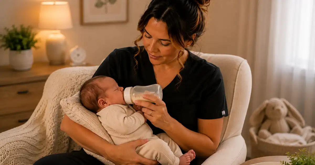 A parent holding a newborn in a supported feeding position