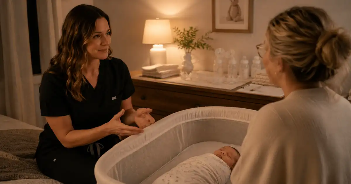 A nurse and a parent talking beside a bassinet