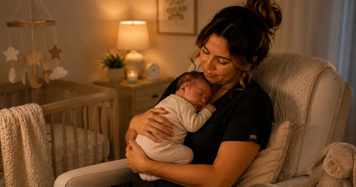 A parent holding a sleeping newborn against their chest