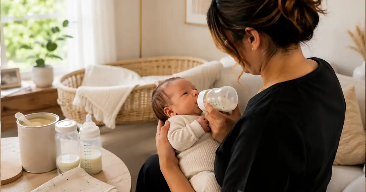 A parent bottle feeding a newborn held semi-upright
