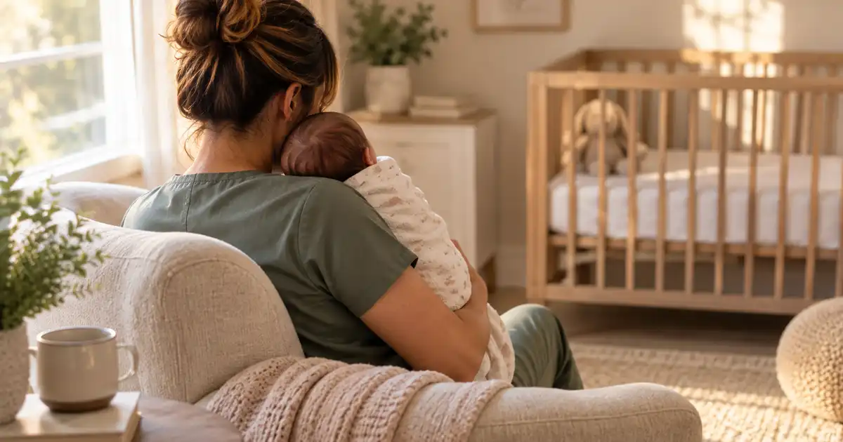 A nurse with a small baby in a home setting