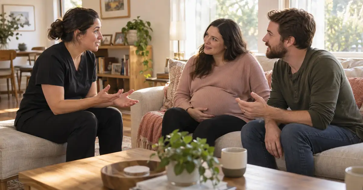 A nurse teaching two expectant parents in their living room