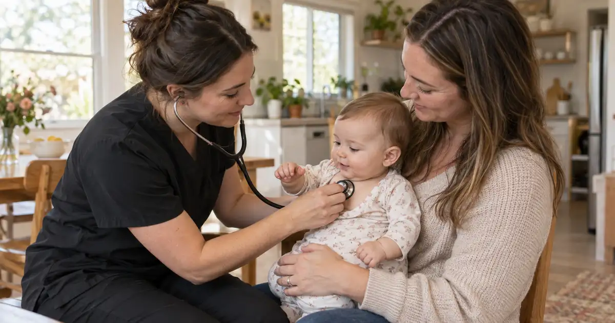 A nurse listening to a baby's chest with a stethoscope while a parent holds them