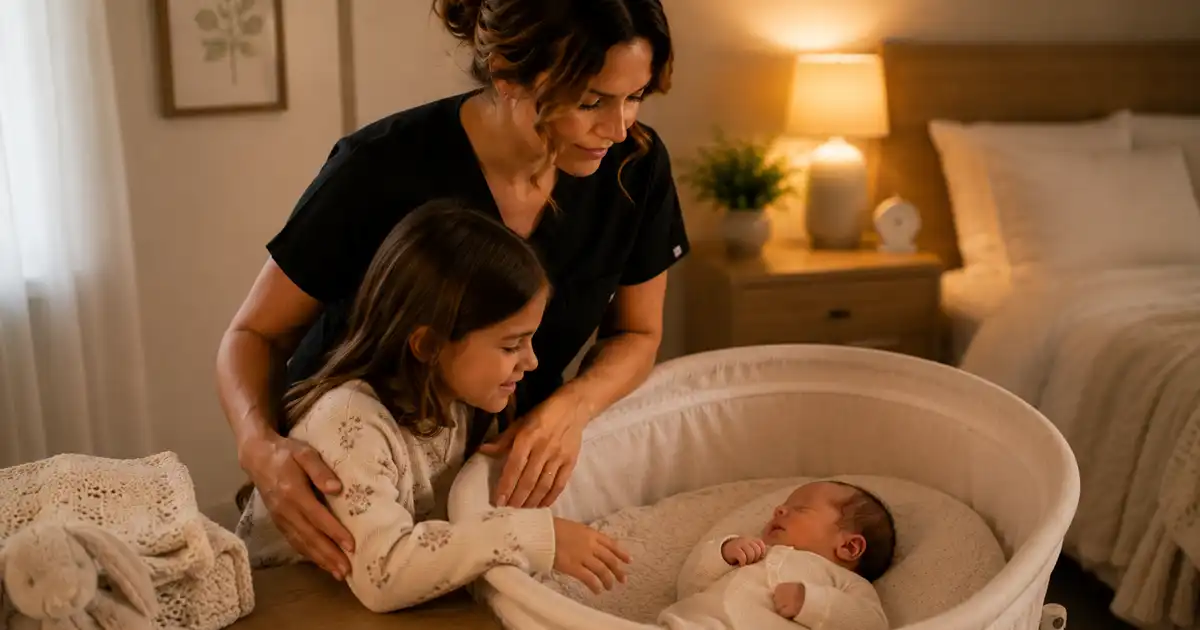 A toddler sitting beside a parent holding a newborn