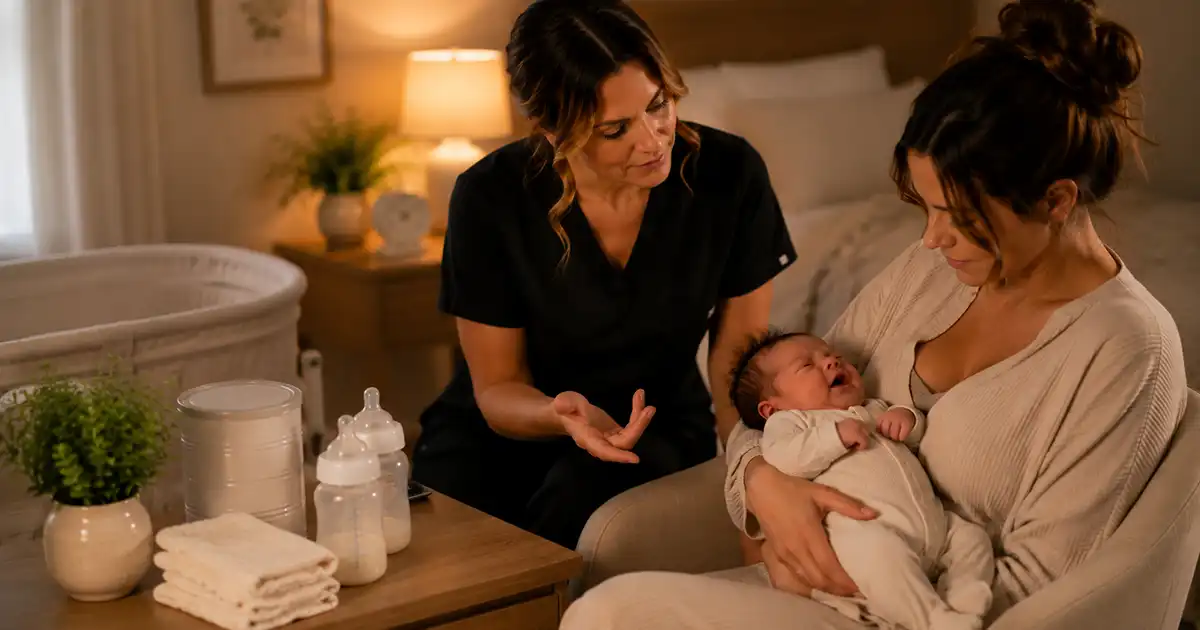 A parent burping a newborn over the shoulder after a bottle