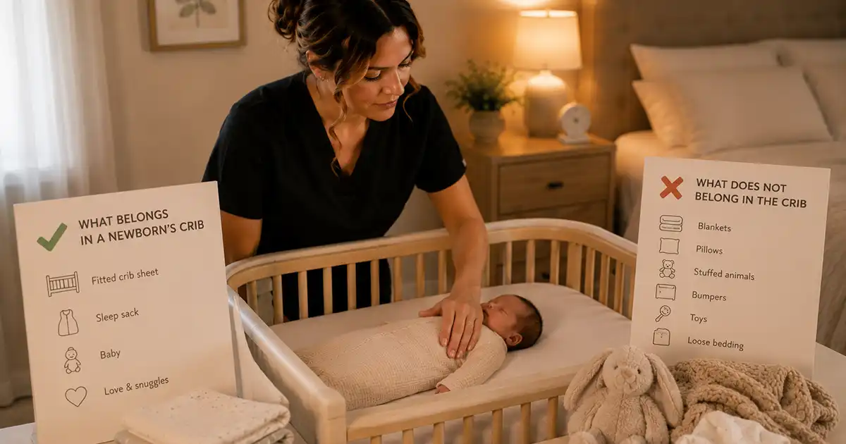 An empty crib with a fitted sheet in a quiet nursery