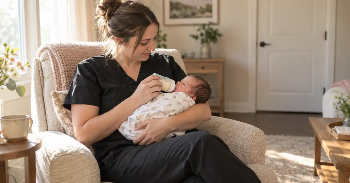 A nurse bottle feeding a newborn in a sunlit living room