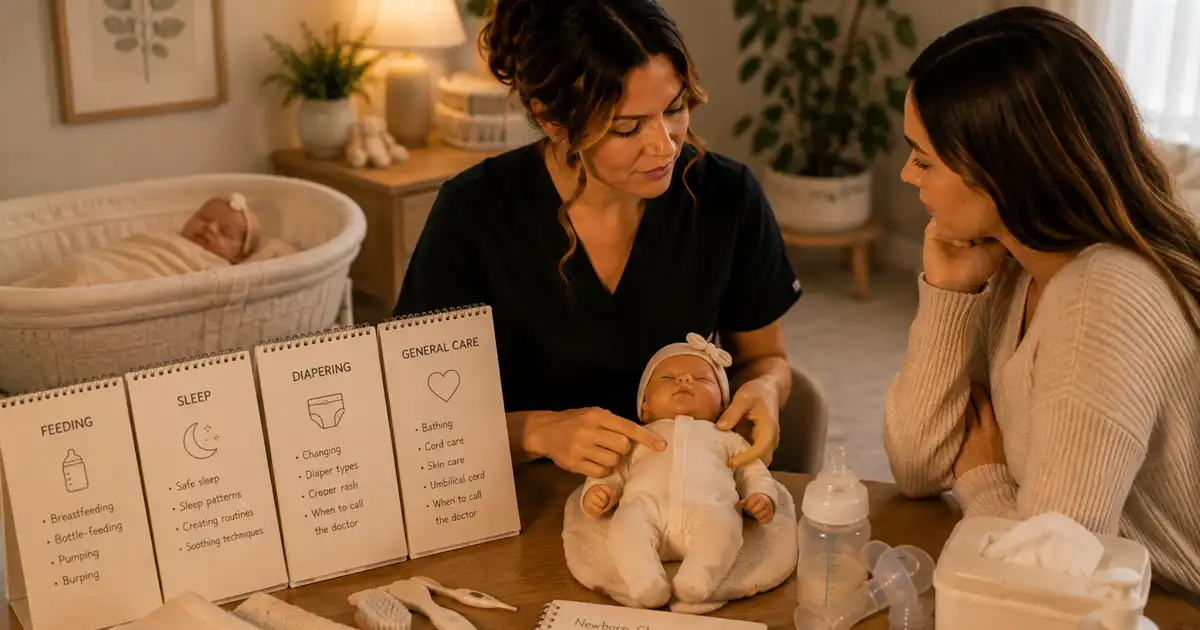 A nurse showing a parent how to swaddle a newborn