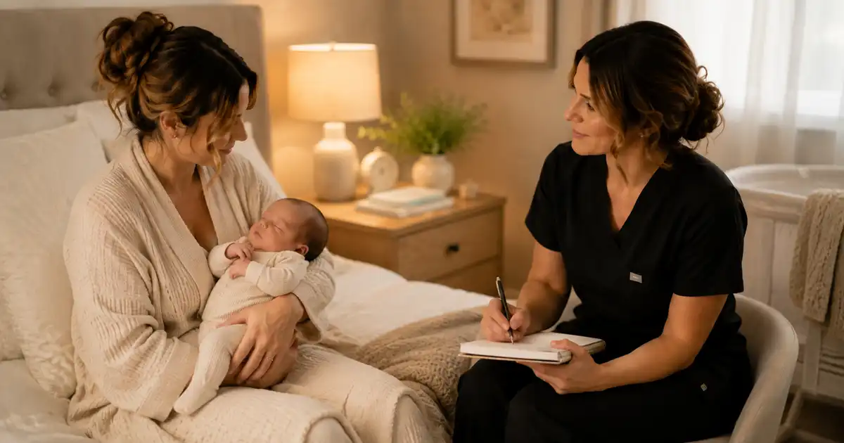 A parent looking at a calendar beside a bassinet
