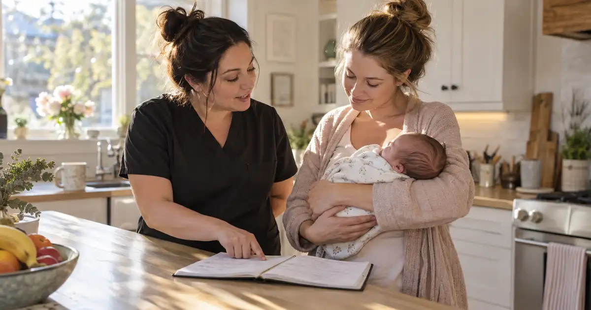 A nurse going through her written notes with a mother in the morning