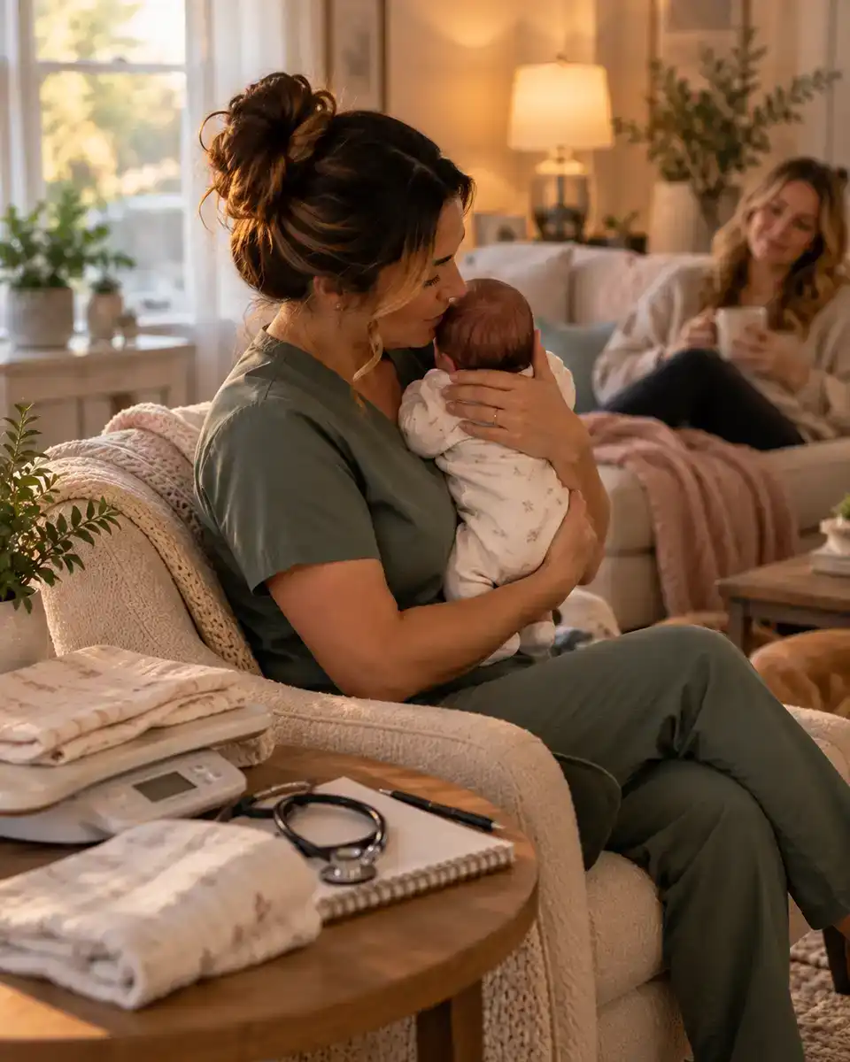 A licensed pediatric nurse in scrubs holding a newborn in a Birmingham family home while the baby's mother rests nearby